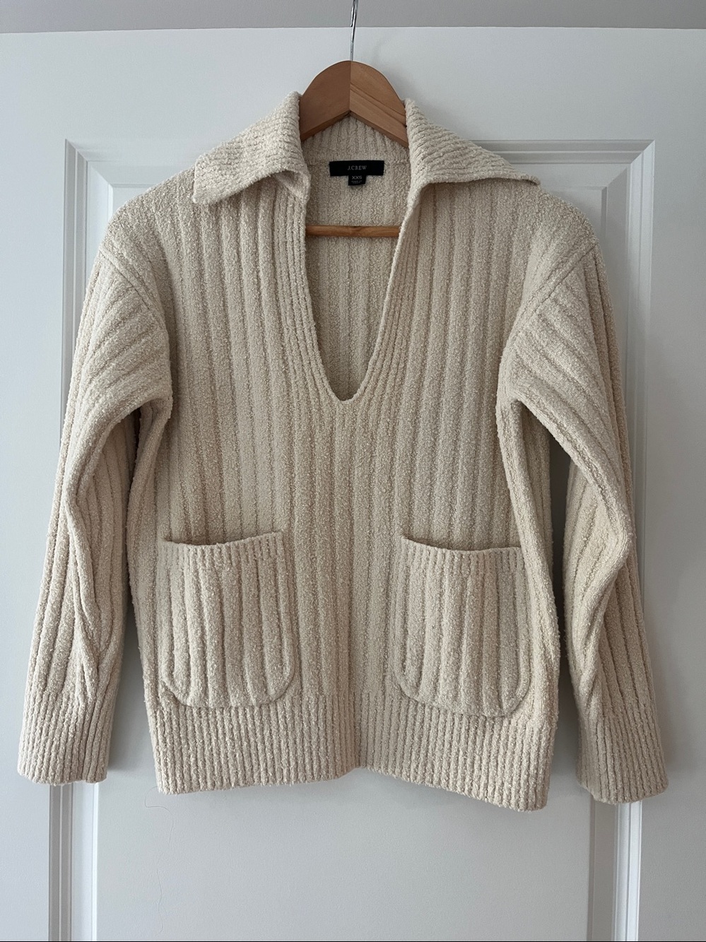 J. Crew Cream Boucle Wide Rib-Knit V-Neck Sweater with Collar and Front Pockets